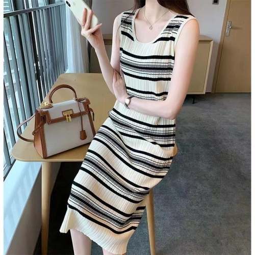 Tmall quality striped knitted dress French design temperament slim sleeveless vest dress mid-length