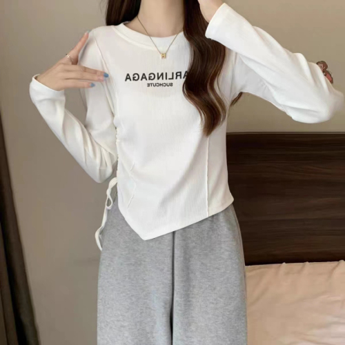 40-count pure cotton threaded short slim fit niche long-sleeved T-shirt women's right shoulder tight top design bottoming shirt