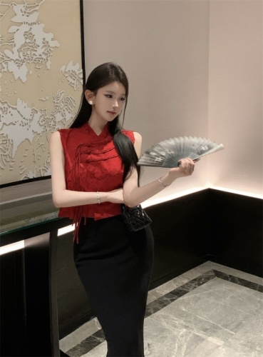 Actual shot of new Chinese style disc button stand collar jacquard sleeveless vest