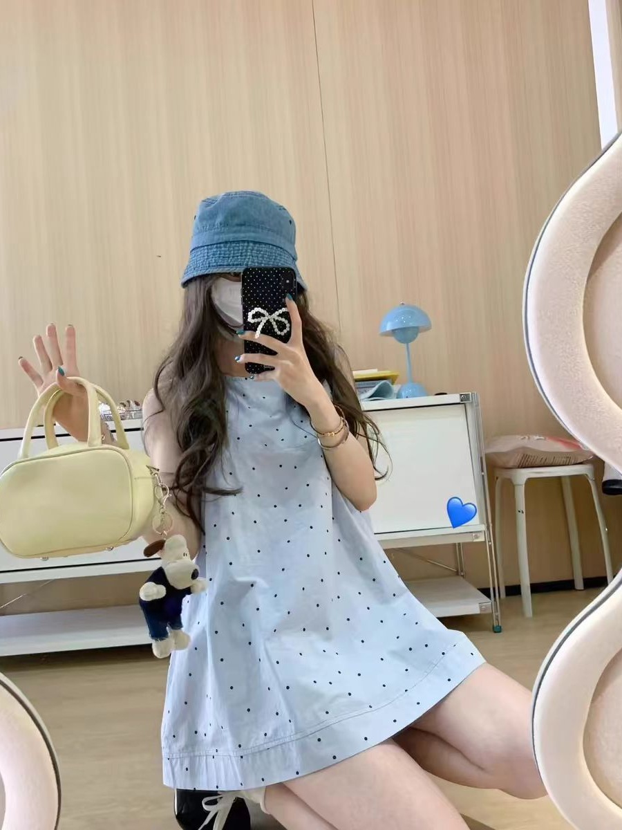 Summer new blue polka dot print tank top for women loose niche original fabric design pullover sleeveless top