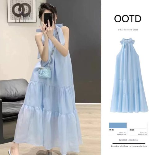 Blue bow suspender dress 2024 summer new style women's French style long skirt vacation style sleeveless skirt