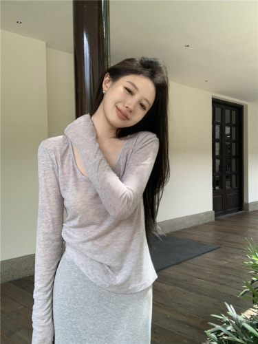 Real shot of V-neck long-sleeved T-shirt, Tencel bottoming shirt, simple relaxed and lazy long skirt suit