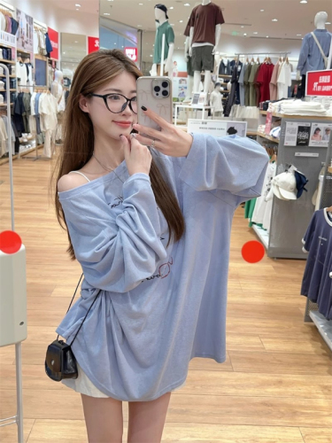 Lazy style thin blue long-sleeved T-shirt women's summer sun protection blouse simple versatile loose top