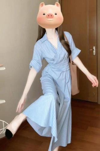 This year's popular blue striped shirt dress women's summer 2024 new French style waist long skirt