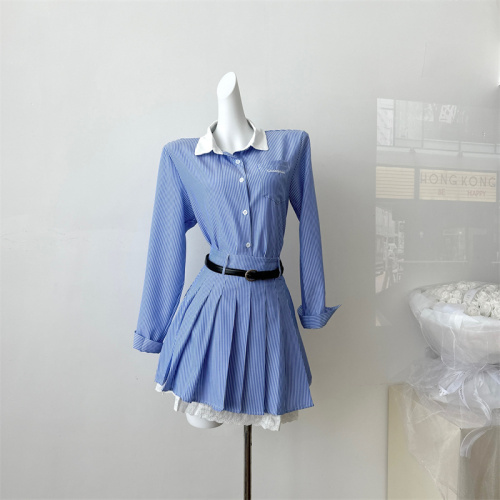 Yang Xiaojuan MIU intellectual college style blue and white striped shirt suit skirt doll collar top/skirt