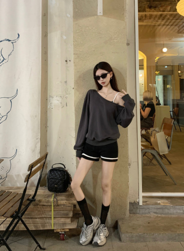 Actual shot~ Hot girl's slanted shoulder long-sleeved casual and versatile sweatshirt + sports slimming bottoming suspender shorts set