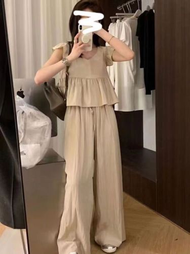 Korean chic age-reducing temperament v-neck small flying sleeves vest shirt women's high-waisted wide-leg pants casual pants suit