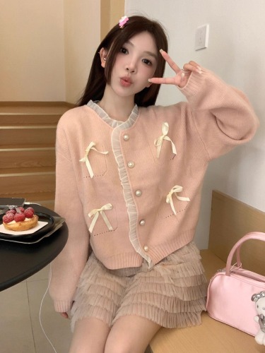 PPHOME Romance forever ~ French sweet age-reducing bow sweater for women with lace splicing soft waxy knitted cardigan