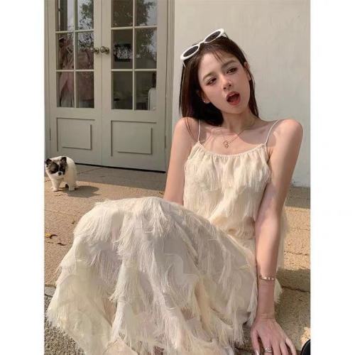 2024 new tea break French fairy skirt high-quality white suspender dress women's summer temperament long skirt