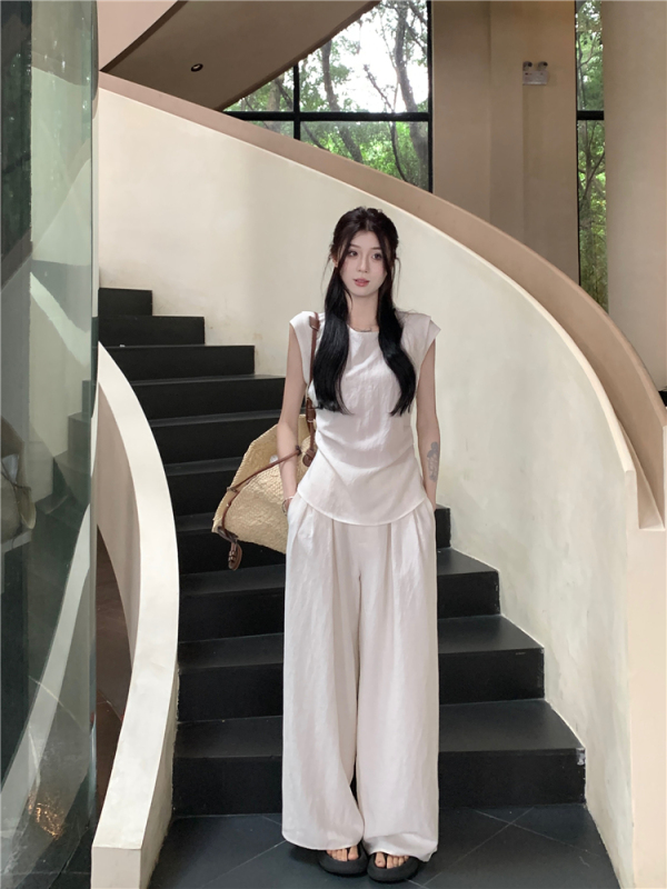 Real shots and real prices~ Waisted, wide-shouldered shirt, pleated wide-leg pants, linen suit for women, 2024 summer new style two-piece set