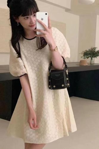 Korean style round neck puff sleeve dress for women 2024 summer new design niche three-dimensional short skirt