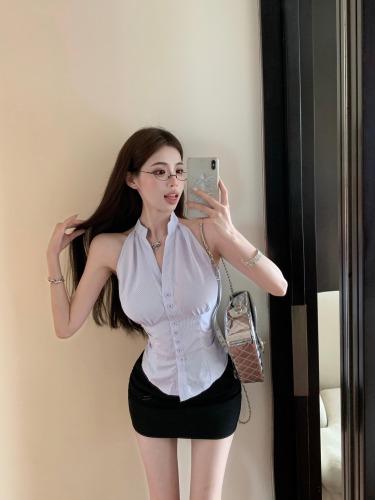 Real shot!  Pure Desire Sleeveless Lapel Halter Shirt Women's Summer Slim Fit Hip Skirt Short Skirt Suit