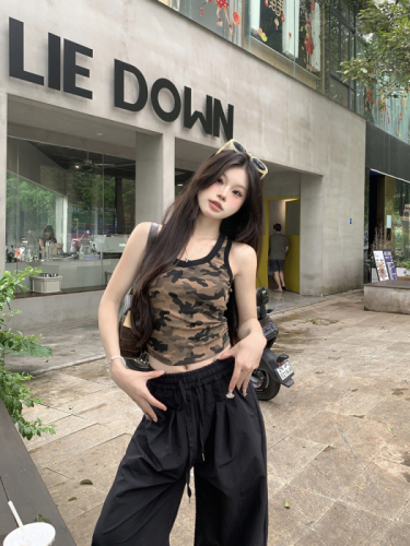 Hot girl camouflage camisole slimming sweet cool top high waist drawstring casual pants