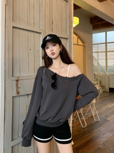 Actual shot~ Hot girl's slanted shoulder long-sleeved casual and versatile sweatshirt + sports slimming bottoming suspender shorts set