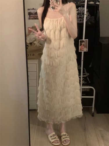 Resort style high-end suspender tassel white dress for children summer new French goddess celebrity suspender skirt