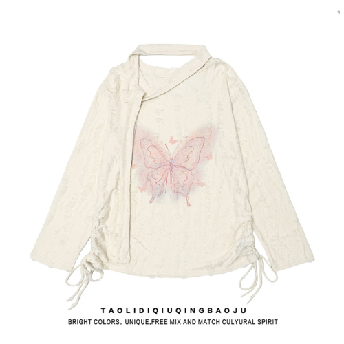 Official photo Sun protection long-sleeved T-shirt women's halterneck sweet pink butterfly print spring and autumn loose casual mid-length blouse