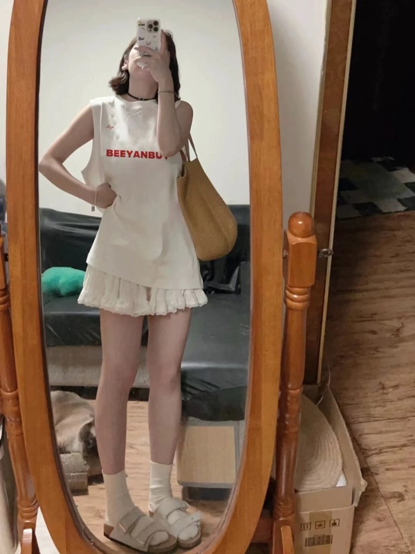 Summer minimalist letter printed vest women's white mid-length waistcoat retro sports casual contrast color high-end top