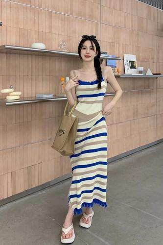 Tmall quality Hong Kong style hot girl striped suspender dress women's summer long skirt slim knitted hip skirt