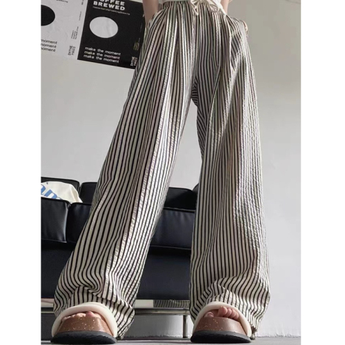 Black and white vertical striped pants for women summer and autumn 2024 new style small loose slim casual straight wide leg pants