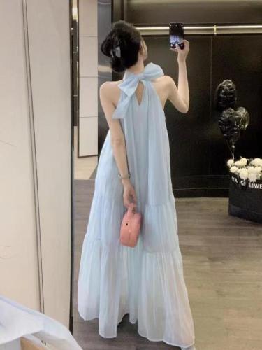 Blue bow suspender dress 2024 summer new style women's French style long skirt vacation style sleeveless skirt