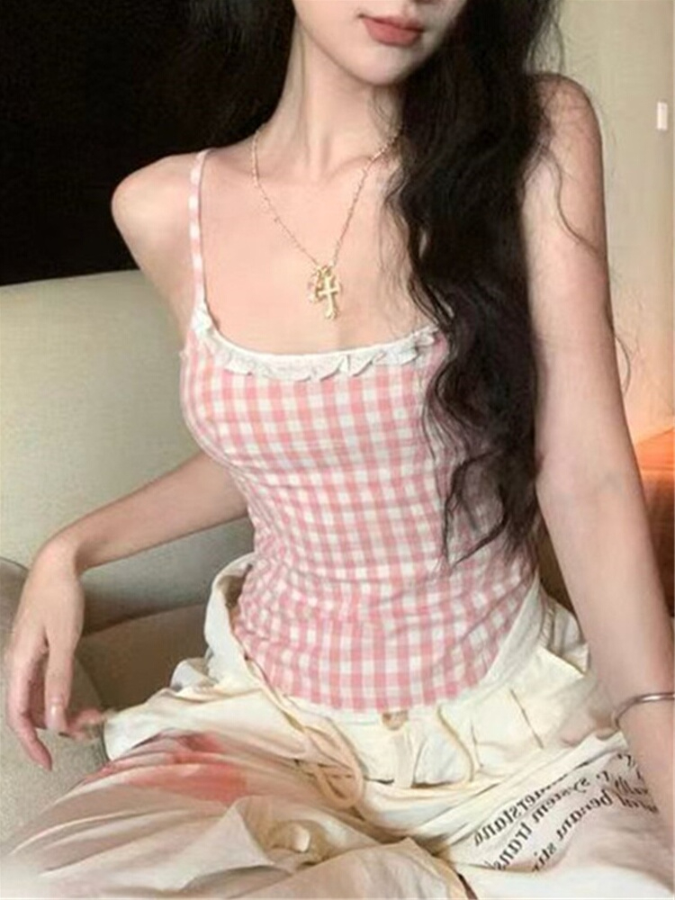 260隨心裁甜美粉色格子吊帶背心夏季外穿內搭上衣