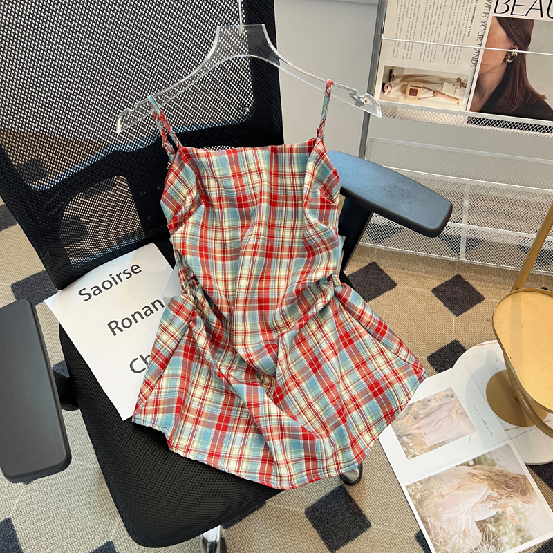Pure sexy hottie plaid printed halter top women's summer new style waist slimming design top