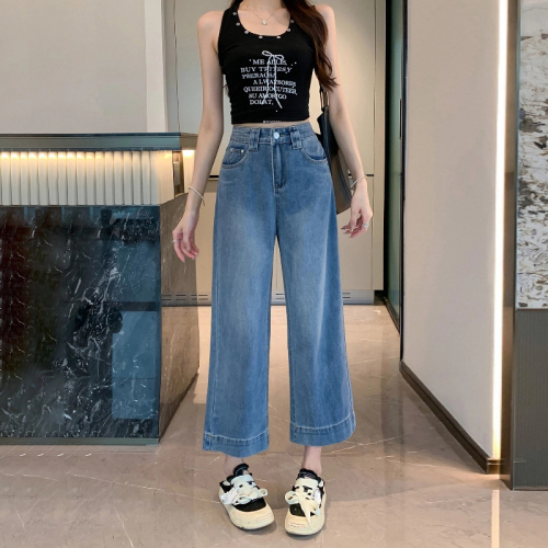 Nine-point wide-leg jeans for women, summer thin, new style, Korean-style eight-point straight granny pants for small people