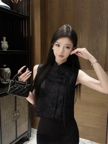 Actual shot of new Chinese style disc button stand collar jacquard sleeveless vest