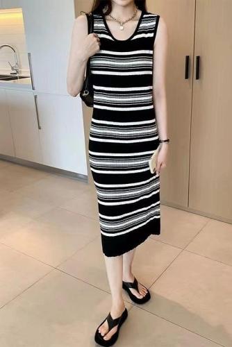 Tmall quality striped knitted dress French design temperament slim sleeveless vest dress mid-length