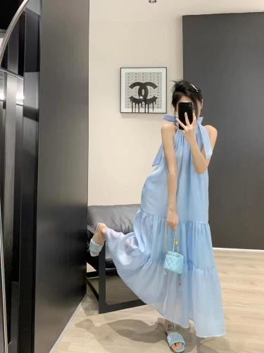 Blue bow suspender dress 2024 summer new style women's French style long skirt vacation style sleeveless skirt