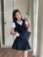 Real shots and real prices ~ V-neck college style suspender dress for women, summer vest dress, Korean style waist-cinching sleeveless short skirt