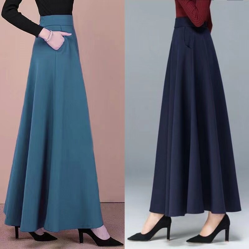 New 2024 Stylish Women's Casual Semi-Skirt Spring and Autumn Season Trendy Belly Covering Solid Color Pocket Full Swing Skirt