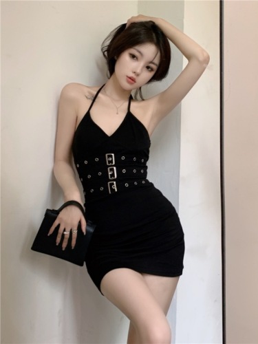 Real shot~ Summer new metal buckle pure desire waist halter dress feminine sexy backpack hip short skirt