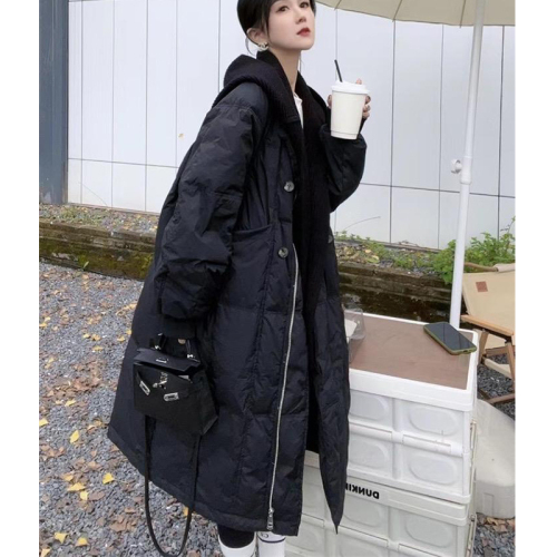 Korean style mid-length knitted hooded down jacket for women 2024 winter new thickened large size cotton jacket