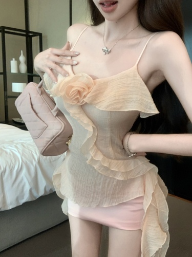 Real shot!  Pure Desire Ruffled Flower Camisole Top Women's Pink Hip Covering Skirt Two-piece Set