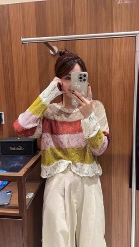 Colorful striped hollow knitted women's 2024 autumn design niche lazy style versatile long-sleeved top