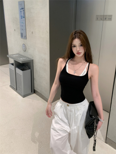 Real shot!  High Street Hot Girl Fake Two-piece Camisole Women's White Overalls Casual Pants Wide Leg Floor-Mopping Pants