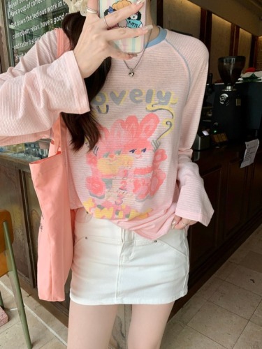 Real shot pink topstitch design new salty or sweet long-sleeved printed bottoming shirt for women summer fashion mid-length T-shirt