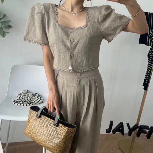 South Korea's Dongdaemun summer new square collar lace top + casual pants