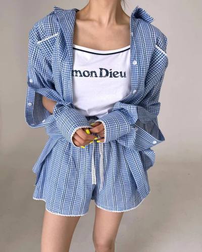 Korean exquisite plaid fashion shirt + casual shorts set