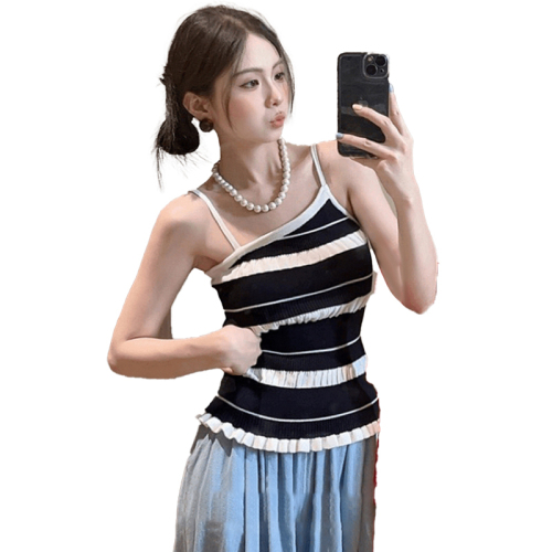 2024 Irregular striped Thai style small camisole women's summer outer wear inner design slim hot girl top