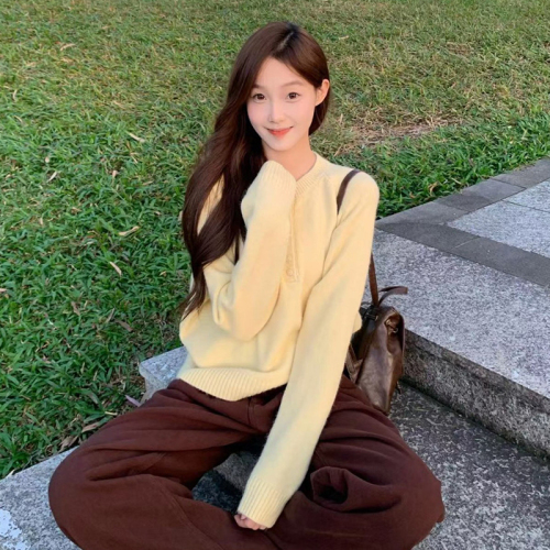 Lazy style yellow round neck sweater for women spring and autumn 2024 new style small Japanese style loose inner knitted top