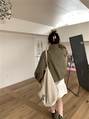 Autumn army green stand collar jacket new jacket zipper short high waist autumn and winter jacket