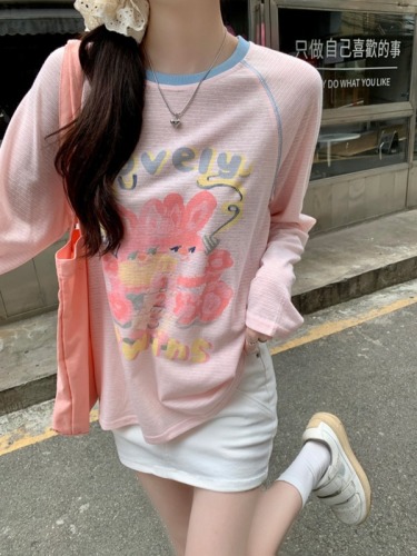 Real shot pink topstitch design new salty or sweet long-sleeved printed bottoming shirt for women summer fashion mid-length T-shirt