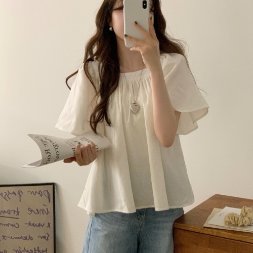 Korean chic niche elastic pleated square neck short loose large trumpet sleeve short-sleeved shirt top