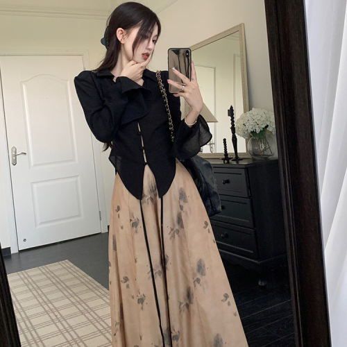 2024 early autumn new style new Chinese suit design, unique long-sleeved top, retro ink pants and skirt, slimming