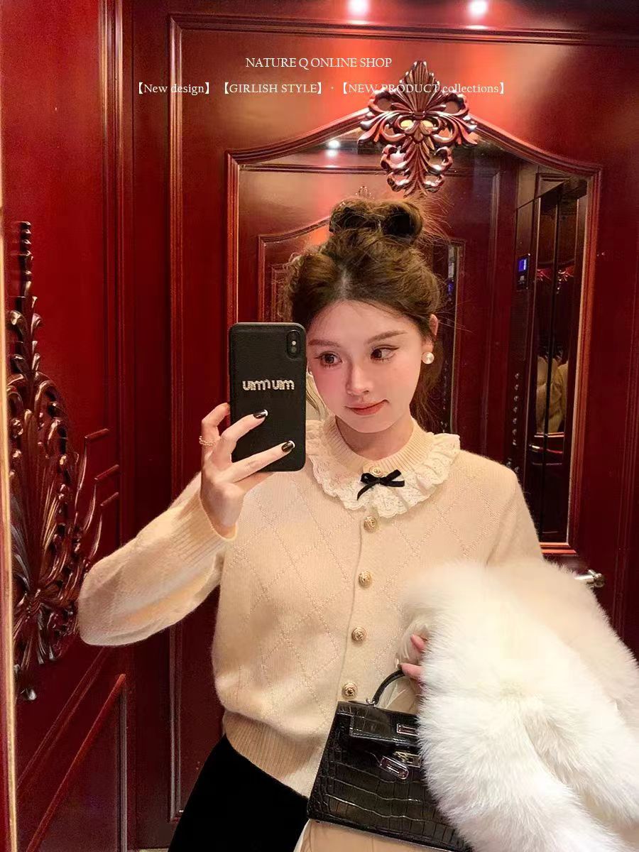 高品質綿陽絨 氛圍感羊毛毛衣甜美開衫女 蕾絲花邊領軟糯針織上衣
