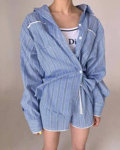 Korean exquisite plaid fashion shirt + casual shorts set