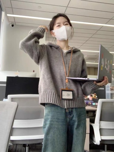 Women's Grey Hooded Zipper Cardigan Sweater Coat - New Vintage Slouchy Loose Knit Open Shirt for Autumn/Winter