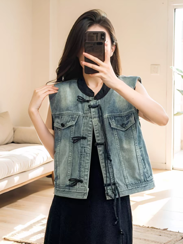 New Chinese style denim vest jacket for women 2024 spring and autumn new style small outer vest short national style top